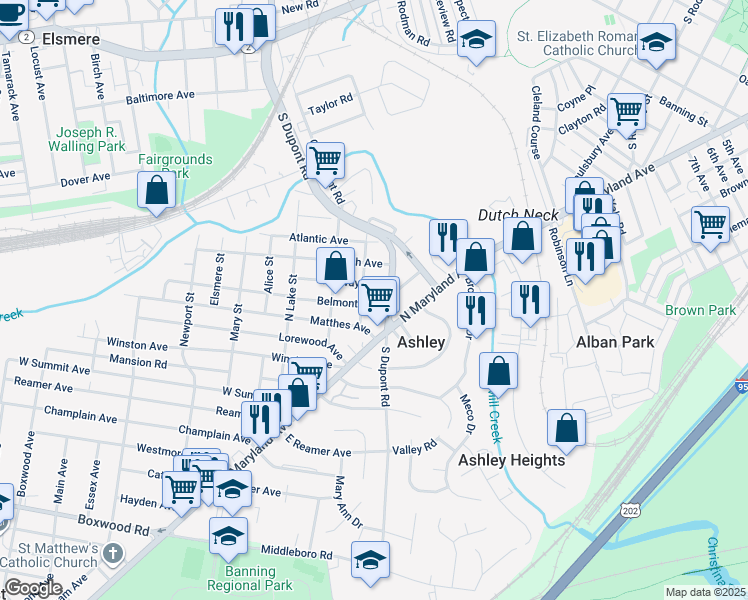 map of restaurants, bars, coffee shops, grocery stores, and more near 5 Belmont Avenue in Wilmington