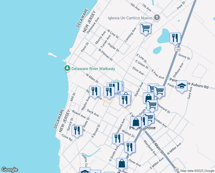 map of restaurants, bars, coffee shops, grocery stores, and more near 39 West Main Street in Penns Grove