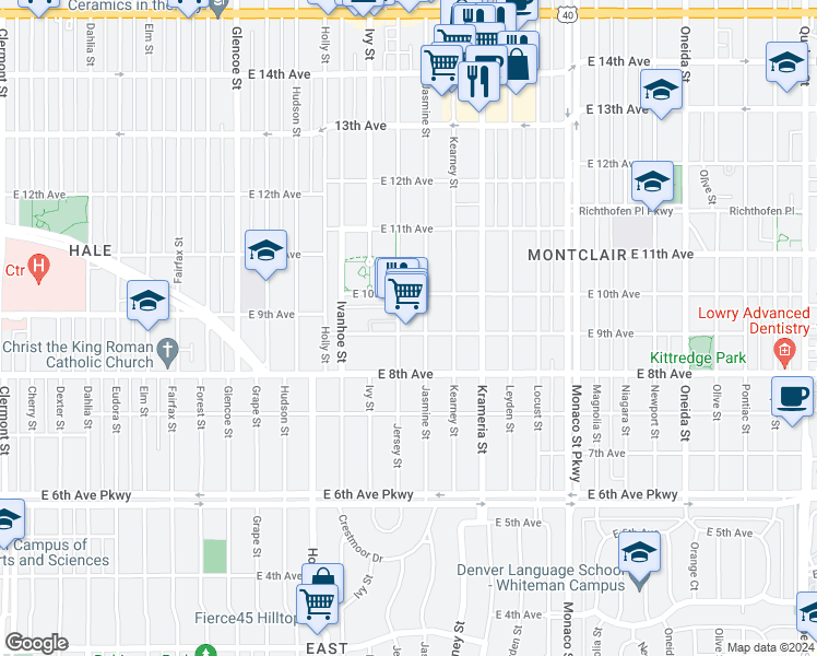 map of restaurants, bars, coffee shops, grocery stores, and more near 900 Jersey Street in Denver