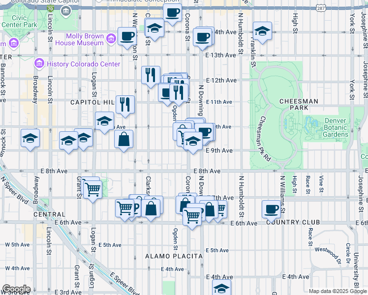 map of restaurants, bars, coffee shops, grocery stores, and more near 1021 East 9th Avenue in Denver
