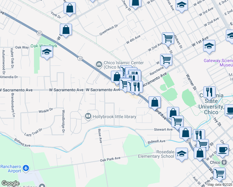 map of restaurants, bars, coffee shops, grocery stores, and more near 1133 West Sacramento Avenue in Chico
