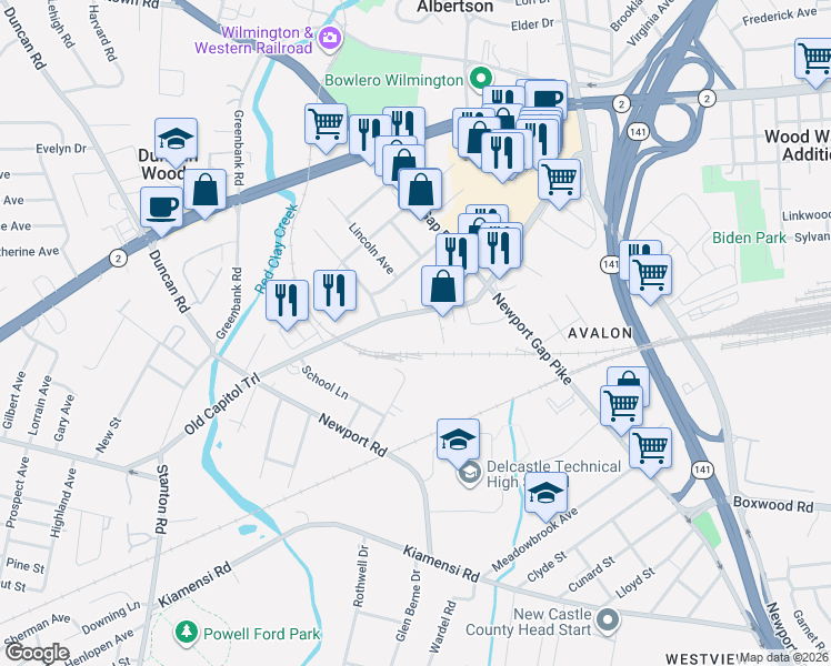map of restaurants, bars, coffee shops, grocery stores, and more near 3442 Old Capitol Trail in Wilmington