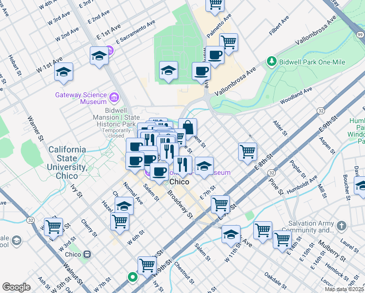 map of restaurants, bars, coffee shops, grocery stores, and more near 310 Flume Street in Chico