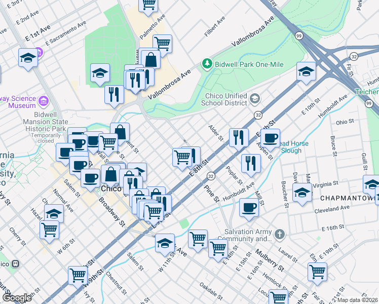 map of restaurants, bars, coffee shops, grocery stores, and more near 686 East 7th Street in Chico