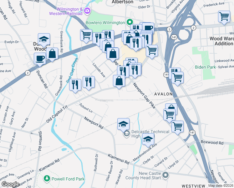 map of restaurants, bars, coffee shops, grocery stores, and more near 3442 Old Capitol Trail in Wilmington
