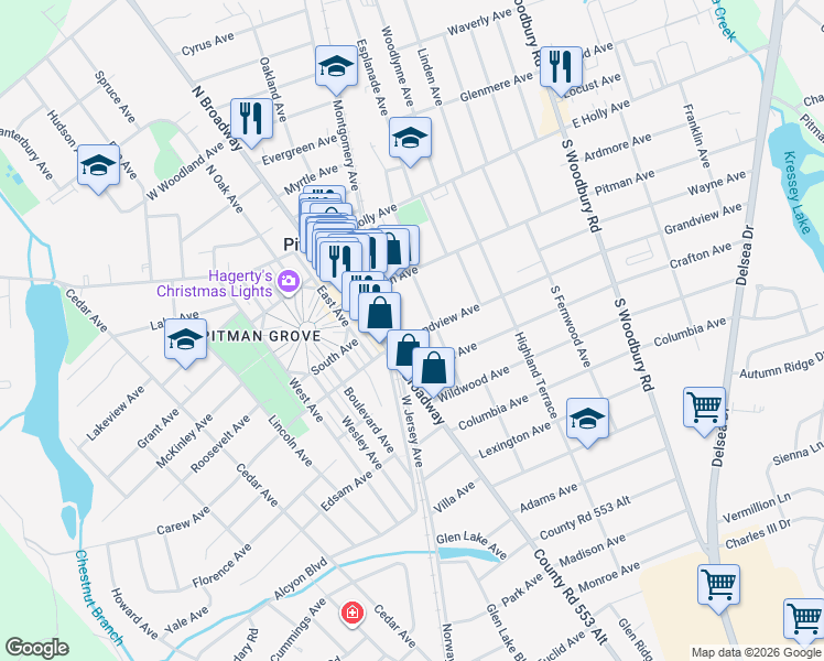 map of restaurants, bars, coffee shops, grocery stores, and more near 14 Grandview Avenue in Pitman
