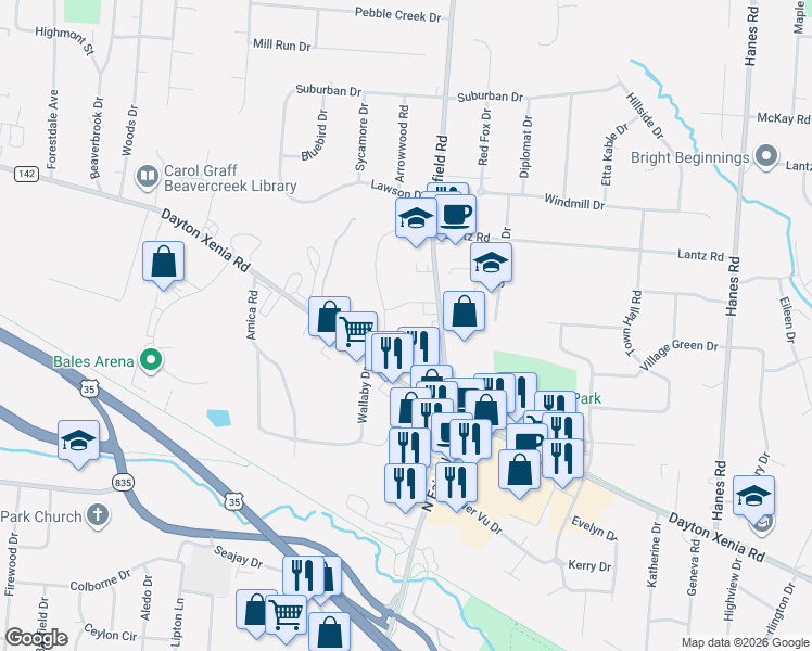 map of restaurants, bars, coffee shops, grocery stores, and more near 3331 Trubee Lane in Dayton