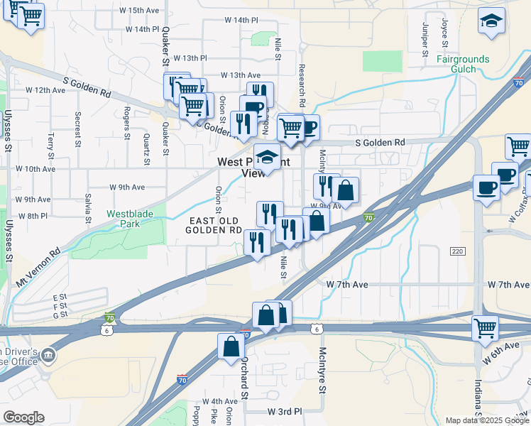 map of restaurants, bars, coffee shops, grocery stores, and more near 895 Nile Court in Golden