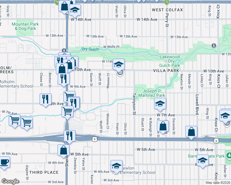 map of restaurants, bars, coffee shops, grocery stores, and more near 4600 West 9th Avenue in Denver