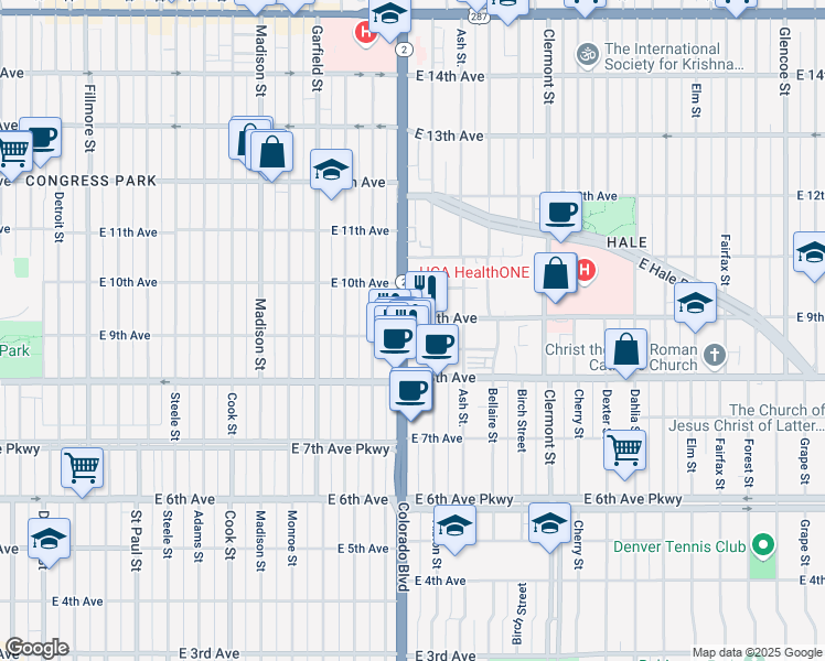 map of restaurants, bars, coffee shops, grocery stores, and more near in Denver