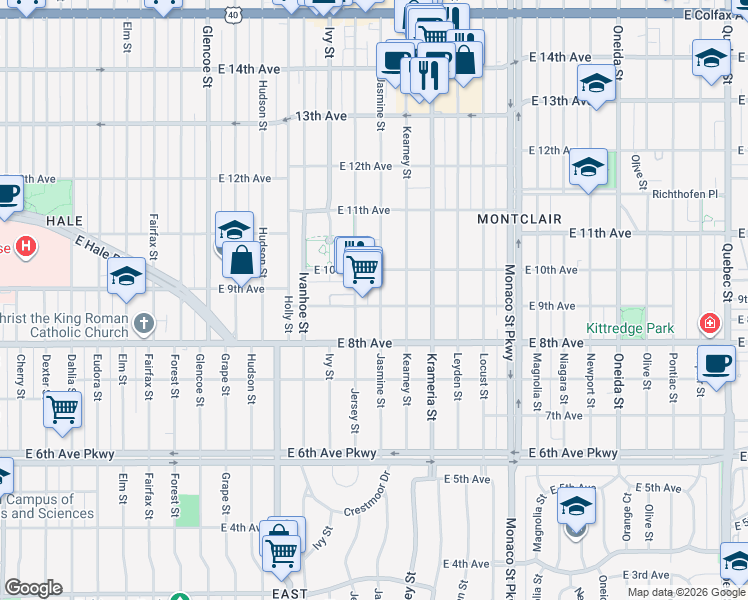 map of restaurants, bars, coffee shops, grocery stores, and more near 900 Jersey Street in Denver