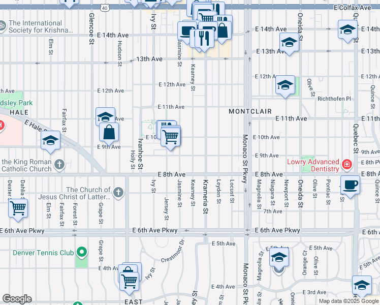 map of restaurants, bars, coffee shops, grocery stores, and more near 901 Kearney Street in Denver