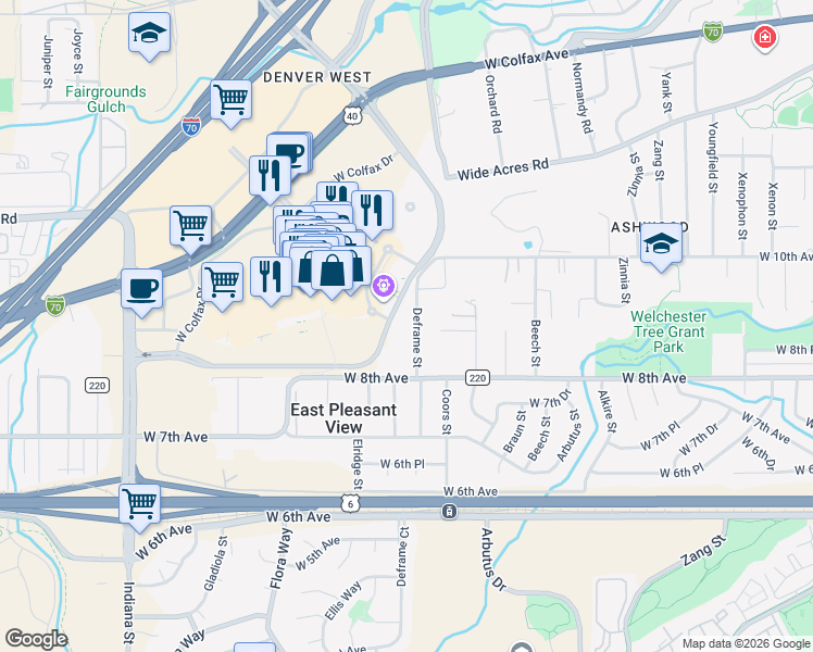 map of restaurants, bars, coffee shops, grocery stores, and more near 885 Deframe Street in Golden