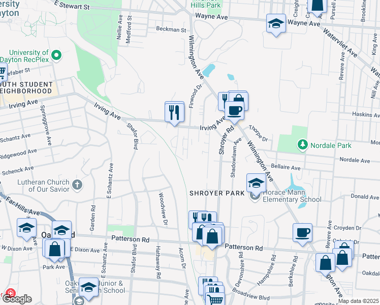 map of restaurants, bars, coffee shops, grocery stores, and more near 344 Firwood Drive in Dayton