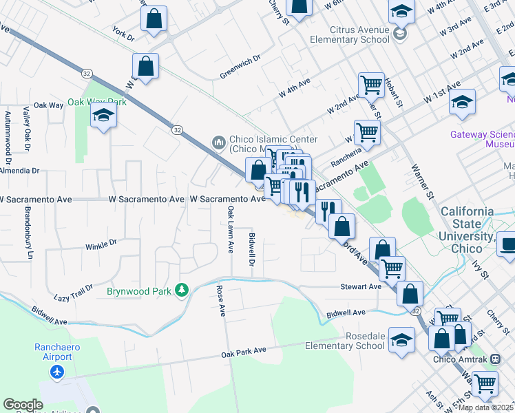 map of restaurants, bars, coffee shops, grocery stores, and more near 1119 West Sacramento Avenue in Chico