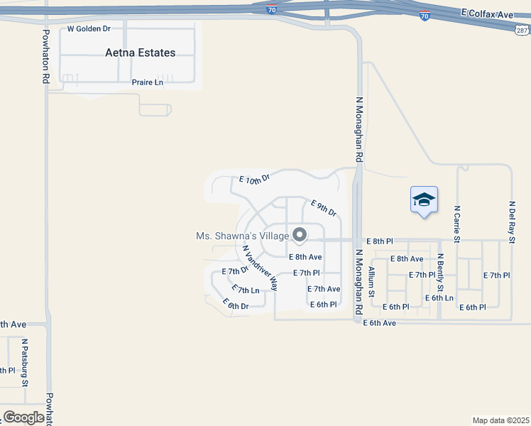 map of restaurants, bars, coffee shops, grocery stores, and more near 896 North Vandriver Way in Aurora