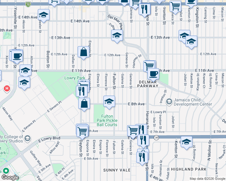 map of restaurants, bars, coffee shops, grocery stores, and more near 917 Fulton Street in Aurora