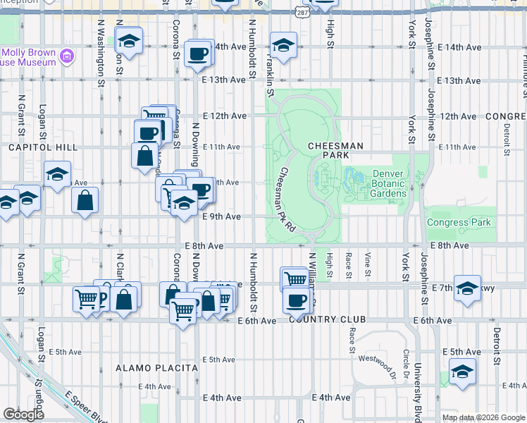 map of restaurants, bars, coffee shops, grocery stores, and more near 1510 East 9th Avenue in Denver