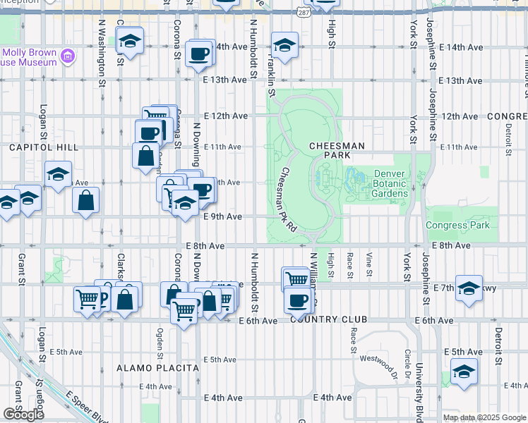 map of restaurants, bars, coffee shops, grocery stores, and more near 1510 East 9th Avenue in Denver