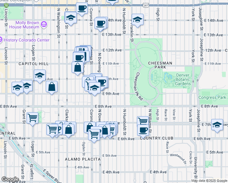 map of restaurants, bars, coffee shops, grocery stores, and more near 1301 East 9th Avenue in Denver