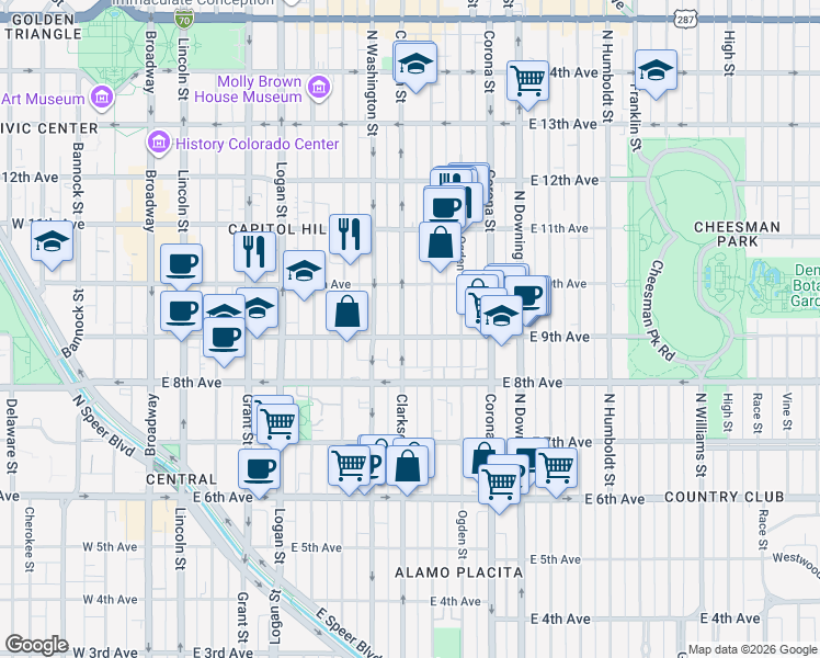 map of restaurants, bars, coffee shops, grocery stores, and more near 900 North Clarkson street in Denver