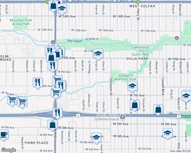 map of restaurants, bars, coffee shops, grocery stores, and more near 4600 West 9th Avenue in Denver