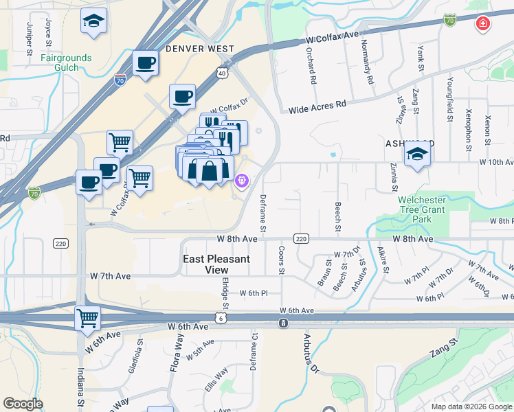 map of restaurants, bars, coffee shops, grocery stores, and more near 885 Deframe Street in Golden