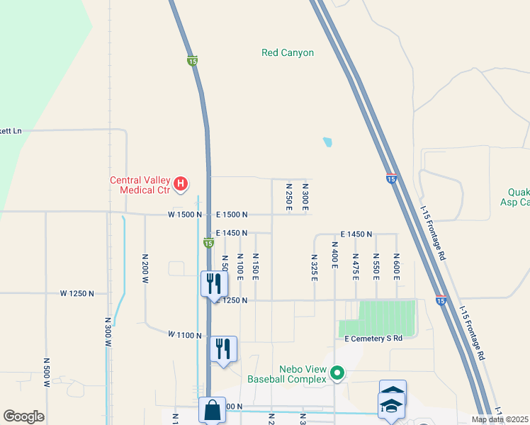 map of restaurants, bars, coffee shops, grocery stores, and more near 193 East 1450 North in Nephi