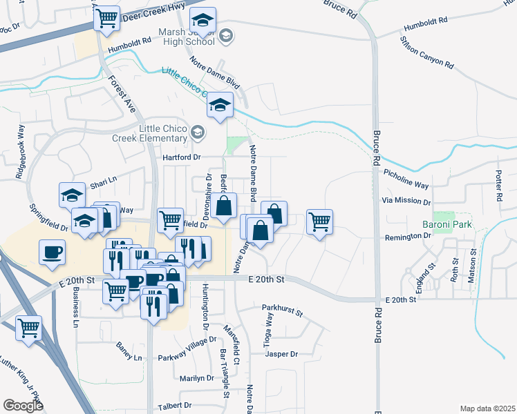 map of restaurants, bars, coffee shops, grocery stores, and more near 1888 Notre Dame Boulevard in Chico