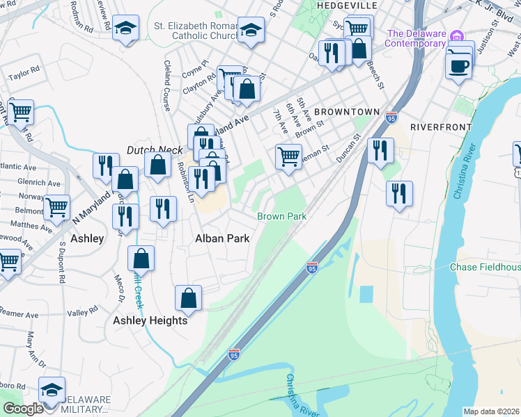 map of restaurants, bars, coffee shops, grocery stores, and more near 1519 Bonwood Road in Wilmington