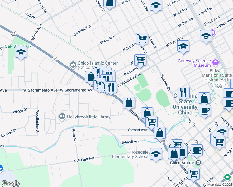 map of restaurants, bars, coffee shops, grocery stores, and more near 906 Nord Avenue in Chico