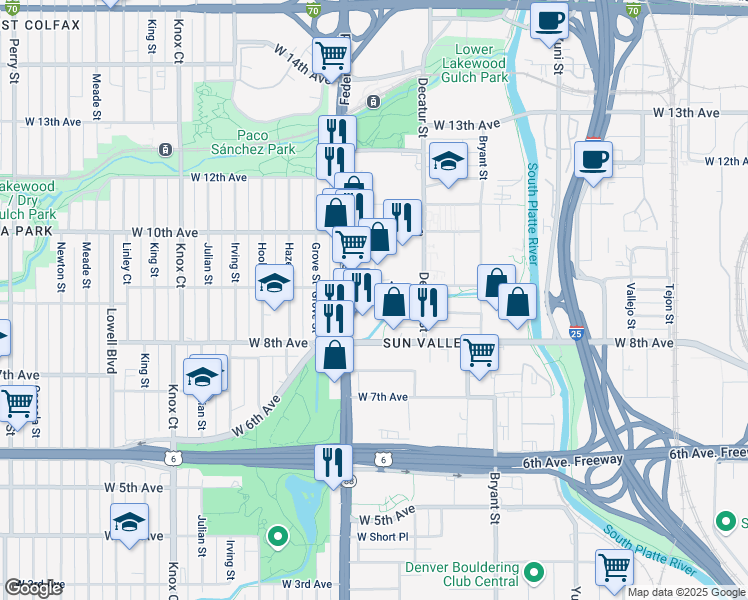 map of restaurants, bars, coffee shops, grocery stores, and more near 2930 West 9th Avenue in Denver