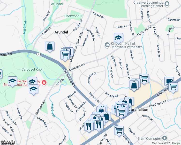 map of restaurants, bars, coffee shops, grocery stores, and more near 2504 Mccawber Drive in Wilmington