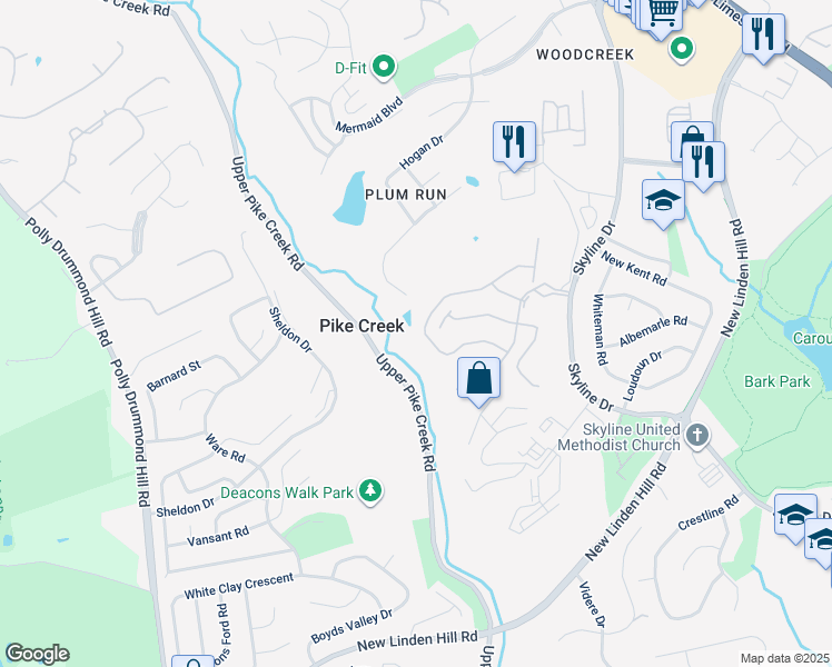 map of restaurants, bars, coffee shops, grocery stores, and more near 5475 Doral Drive in Wilmington