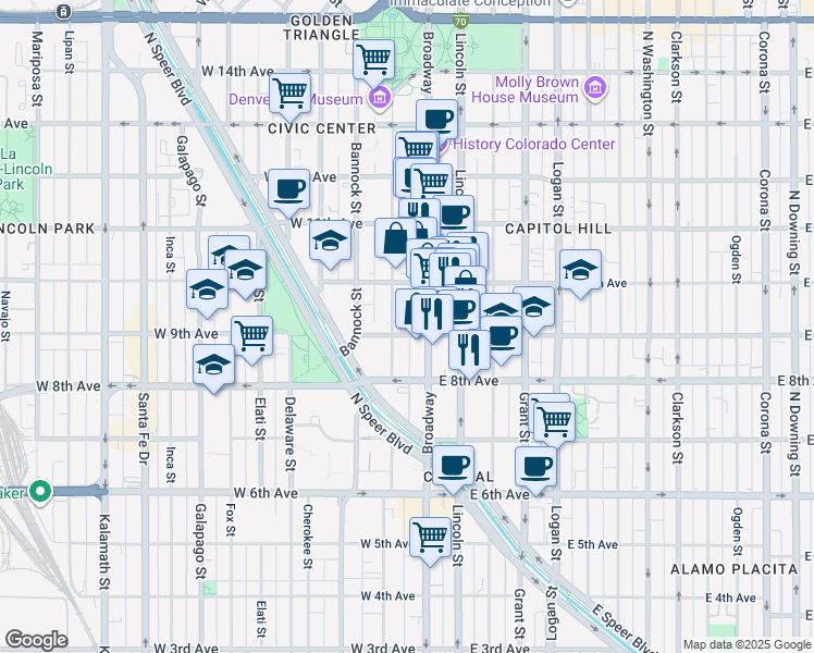 map of restaurants, bars, coffee shops, grocery stores, and more near 43 West 9th Avenue in Denver