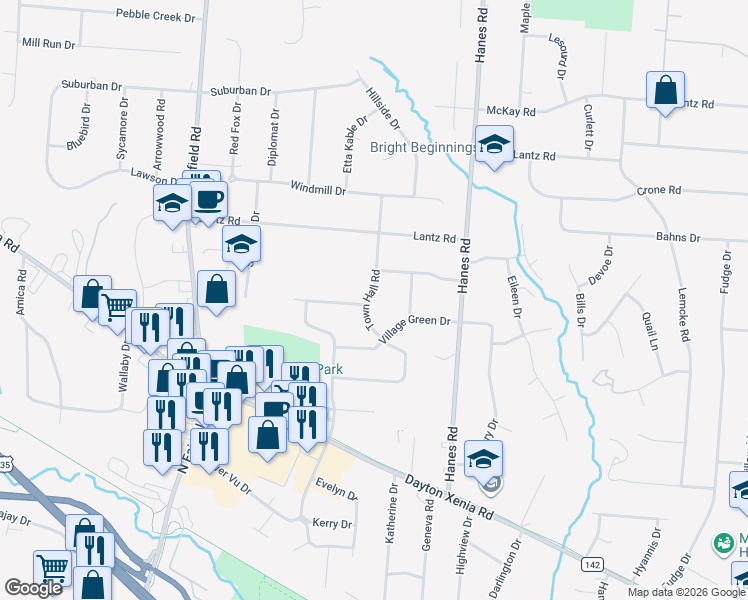map of restaurants, bars, coffee shops, grocery stores, and more near 1410 Town Hall Road in Dayton