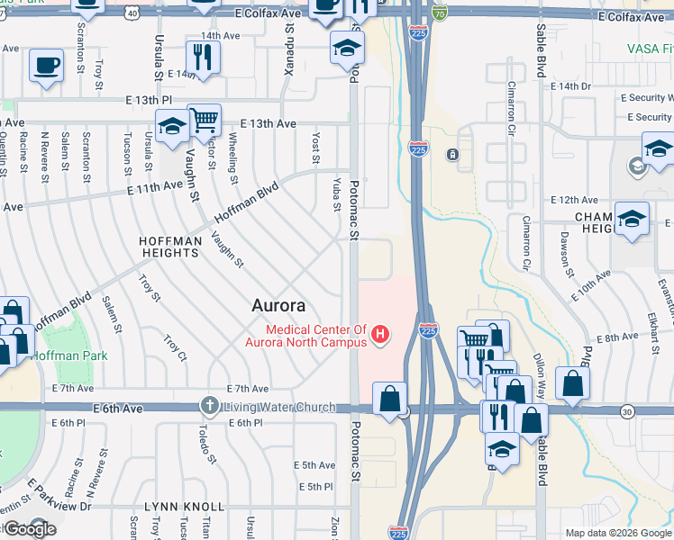map of restaurants, bars, coffee shops, grocery stores, and more near 931 Zion Street in Aurora