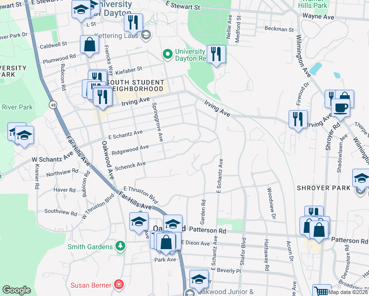 map of restaurants, bars, coffee shops, grocery stores, and more near 451 Schenck Ave in Dayton