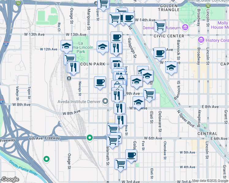 map of restaurants, bars, coffee shops, grocery stores, and more near 996 West 9th Avenue in Denver