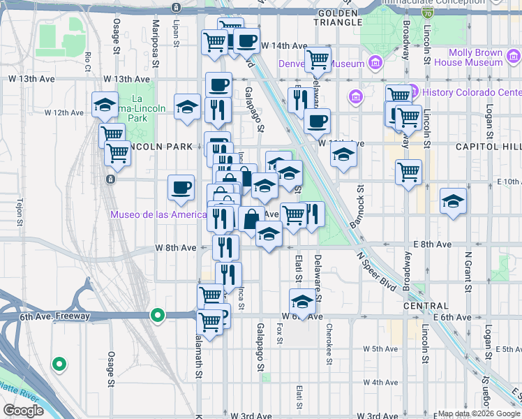 map of restaurants, bars, coffee shops, grocery stores, and more near 718 West 9th Avenue in Denver