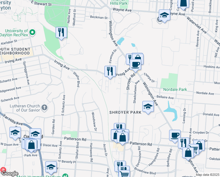 map of restaurants, bars, coffee shops, grocery stores, and more near 344 Firwood Drive in Dayton
