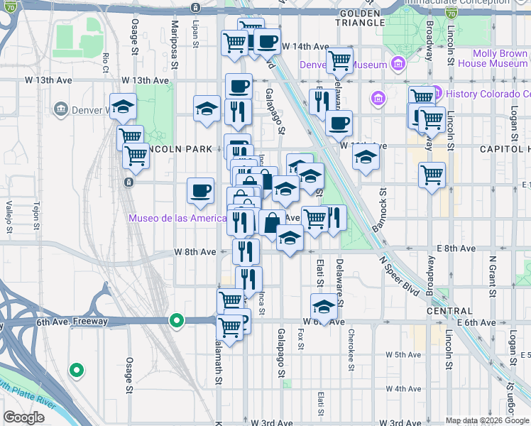 map of restaurants, bars, coffee shops, grocery stores, and more near 718 West 9th Avenue in Denver