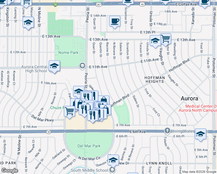 map of restaurants, bars, coffee shops, grocery stores, and more near 916 Quentin Street in Aurora