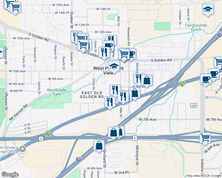 map of restaurants, bars, coffee shops, grocery stores, and more near 895 Nile Court in Golden
