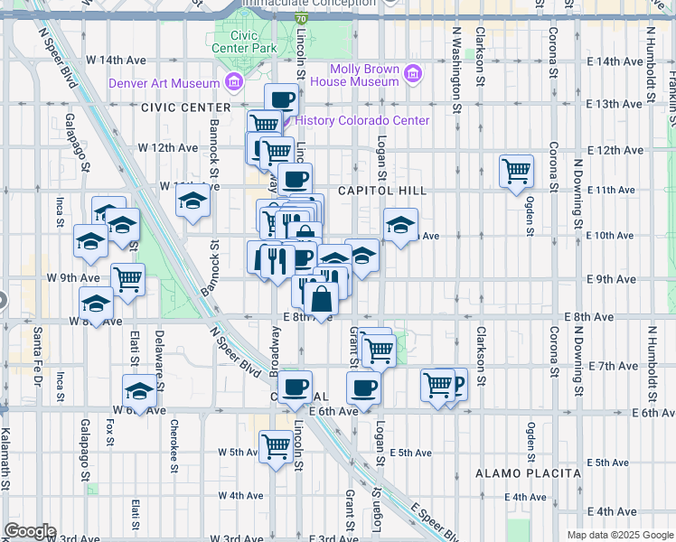 map of restaurants, bars, coffee shops, grocery stores, and more near 900 Sherman Street in Denver