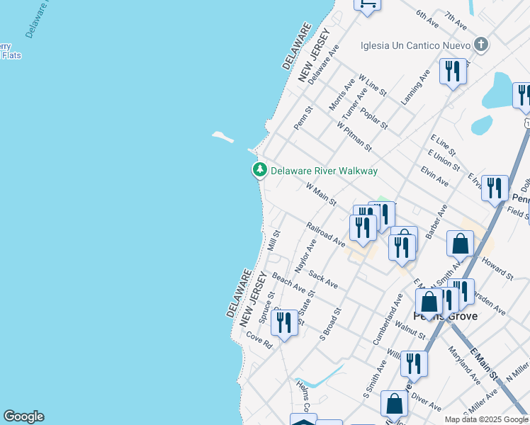 map of restaurants, bars, coffee shops, grocery stores, and more near 331 Airy Avenue in Penns Grove