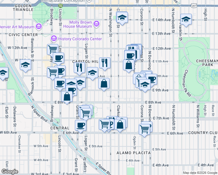 map of restaurants, bars, coffee shops, grocery stores, and more near 901 North Washington Street in Denver