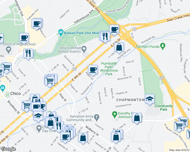 map of restaurants, bars, coffee shops, grocery stores, and more near 1092 Humboldt Avenue in Chico