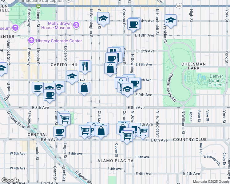 map of restaurants, bars, coffee shops, grocery stores, and more near 901 North Ogden Street in Denver