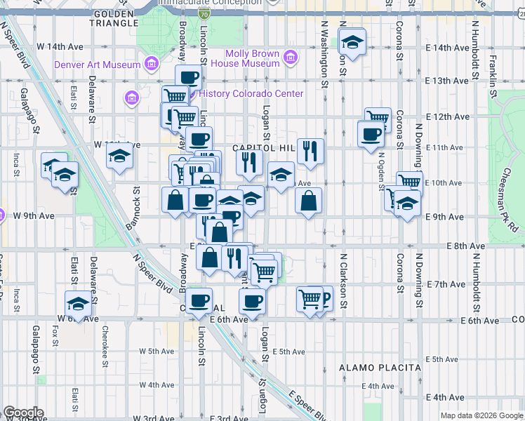 map of restaurants, bars, coffee shops, grocery stores, and more near 909 Logan Street in Denver